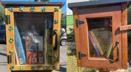 A variety of the Little Free Libraries scattered around southeast Portland. These libraries increase access to books and aid community connection. Photo by Evie Bell.