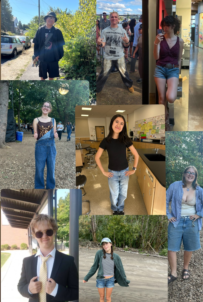 A collage of Franklin students posing to show off their outfits, featuring Amanda Yang, Nuala McNamara, Maggie Mosher, Ariadna Eichenauer, Jared Cajero-Cadenas, Alexander Newman, Naomi Evans, and Jackson Rudine. Fashion trends among Franklin students are consistently changing as time moves forward.