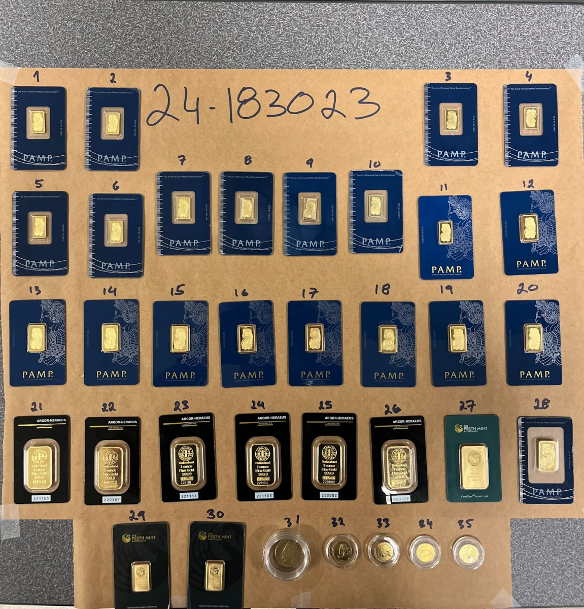 Thirty-five samples of counterfeit gold brought in by victims of Christina Duncan, a Portland woman who has sold over $43,000 of counterfeit gold since 2023. Gold is usually considered a safe investment, but it still carries risks, as seen in recent exchanges of counterfeit gold. Photo via Thomas Namba and the Portland Police Bureau (PPB).