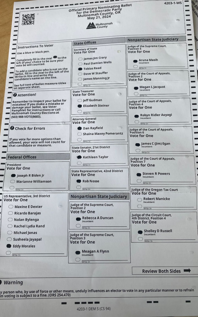 A completed ballot for the Multnomah County Democratic primary election of May 2024. This ballot was one of many that were successfully mailed in during the 2024 election. Photo by Elizabeth Kirsch.