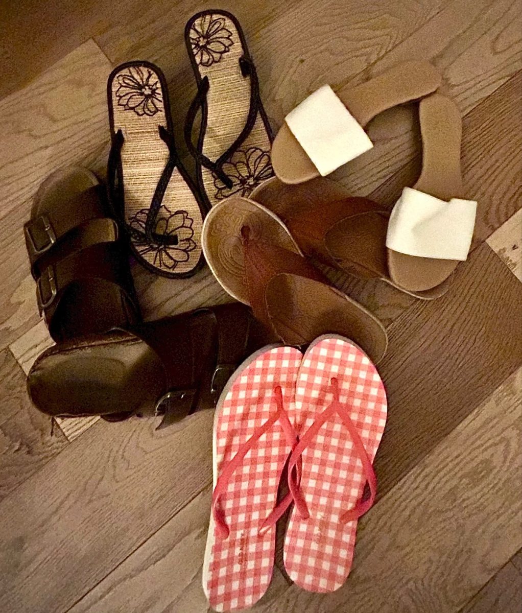 Various flip flops and sandals scattered around on the floor. Open-toed shoes have been a controversial shoe choice in schools because of the exposure of your bare feet. Photo by Shani Ross.