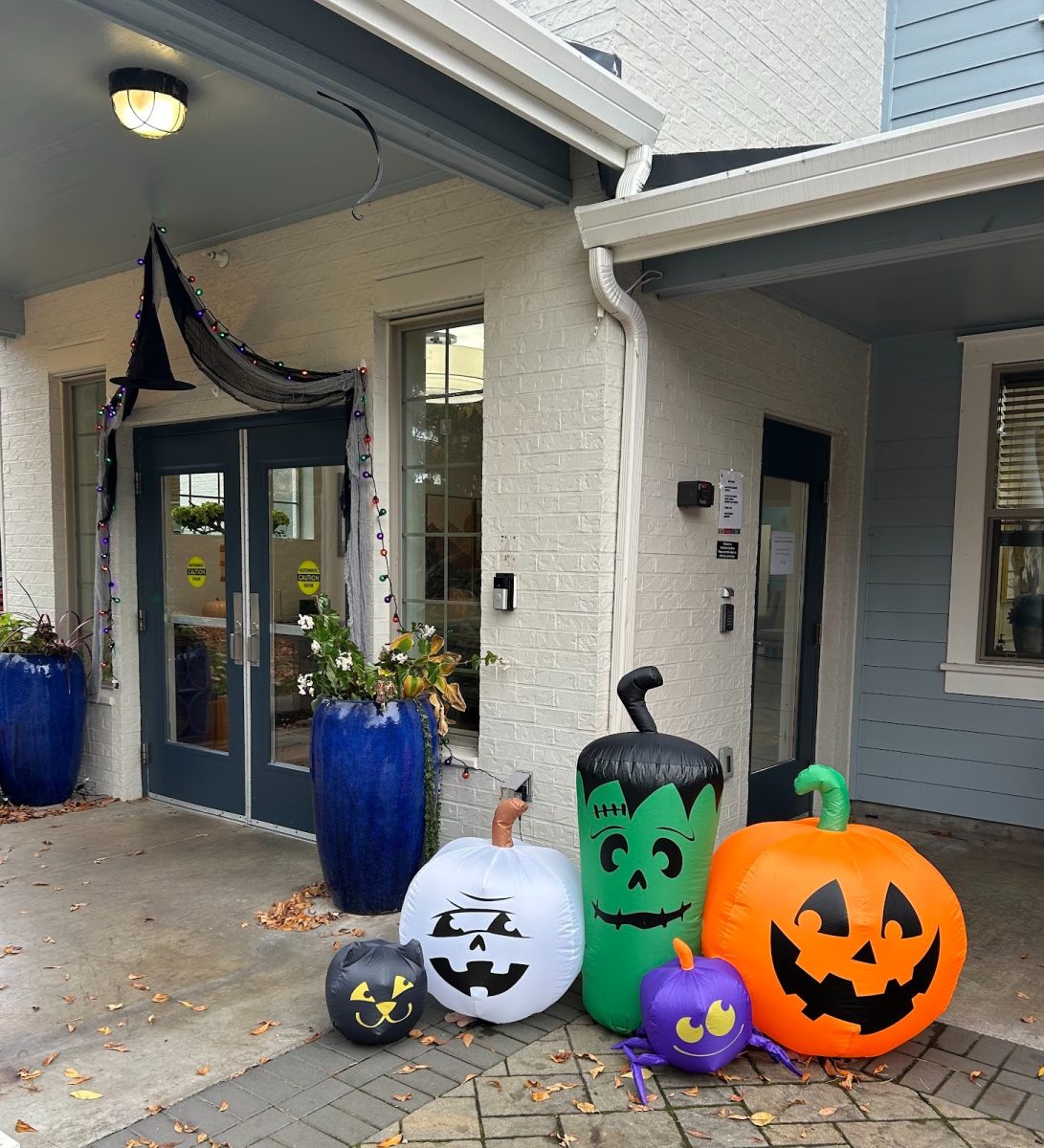 Inflatable Halloween decorations outside of Hawthorne Gardens Senior Living Community. Seeing colorful decorations can help senior residents feel happy and excited for the holidays. Photo by Grace Blaschke.