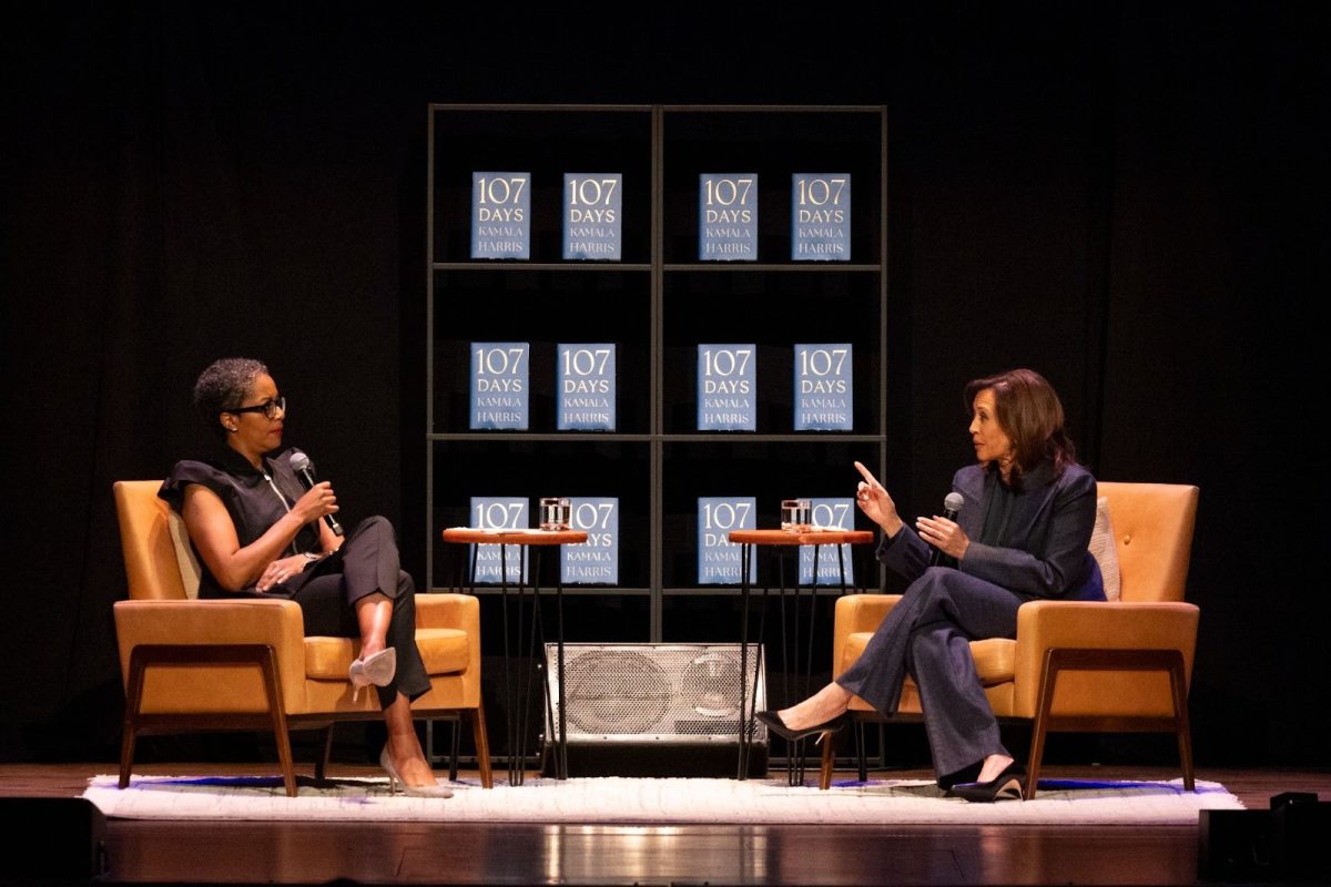 Former Vice President Kamala Harris speaking on stage. Harris sat down for a conversation in front of a sold-out Portland crowd as part of her “107 Days” book tour, which chronicles her 2024 presidential campaign. Photo by Shawnte Sims via Literary Arts.