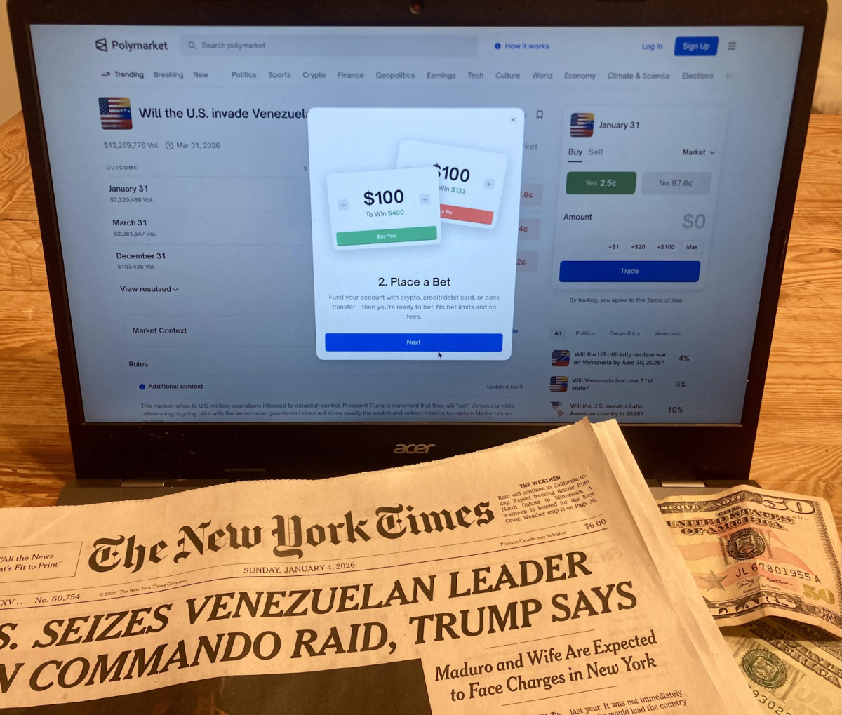 A computer screen with a prediction market loaded, ready to bet on. Prediction markets allow users to place bets on future events, and are a remarkably accurate way to aggregate information.
