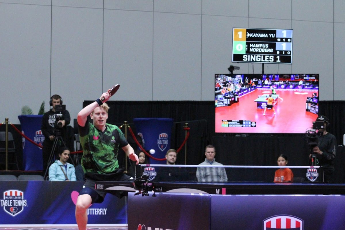 Portland Paddlers player Hampus Nordberg hitting a forehand. At home in Portland, the Paddlers won big against Major League Table Tennis teams from around the country.