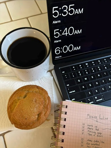 A cup of coffee, muffin, and written out morning routine. Morning habits can set a steady rhythm for the rest of the day. Photo by Hailey Adalean.