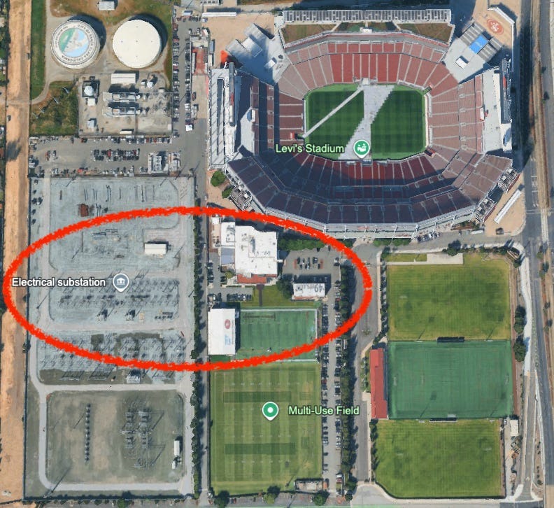 A satellite photo showing the electrical substation next to the Levi’s stadium, where the 49ers have been playing since 2014. In addition, their practicing facility has been located next to the electrical substation since 1988. Photo via Peter Cowan.