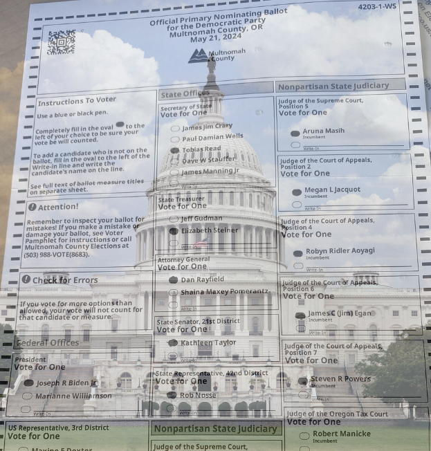 A completed Oregon ballot overlaid on an image of the U.S. Capitol. If passed by the Senate, where it is currently awaiting a vote, the SAVE America Act would fundamentally change the way elections are held in America. Images by Elizabeth Kirsch and via Canva.