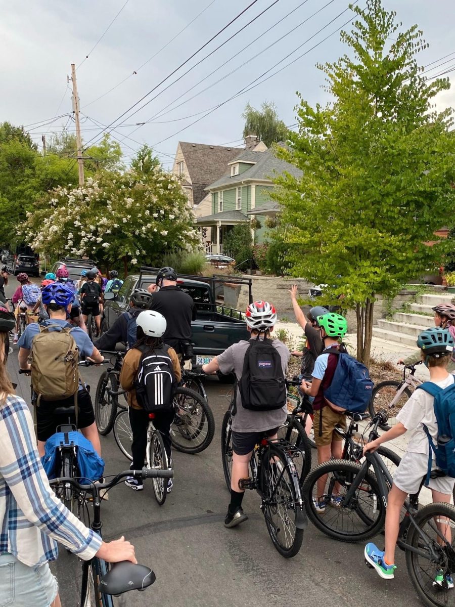 Students ride to school with the Harriet Tubman Bike Bus on a crisp fall morning. Bike Bus PDX serves over 30 schools, and aims to make student transportation efficient, sustainable, and fun. Photo by Kirk Ohly.