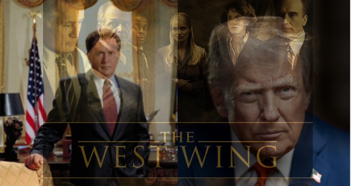 Fictional President Josiah Bartlet alongside the official campaign photo of Donald Trump’s second term, with the official “The West Wing” poster superimposed. In the chaos of Trump’s second presidency, more and more Americans are turning towards political shows as a means of escape and hope for a better political future. Images via Wikipedia, Rotten Tomatoes, and the White House.