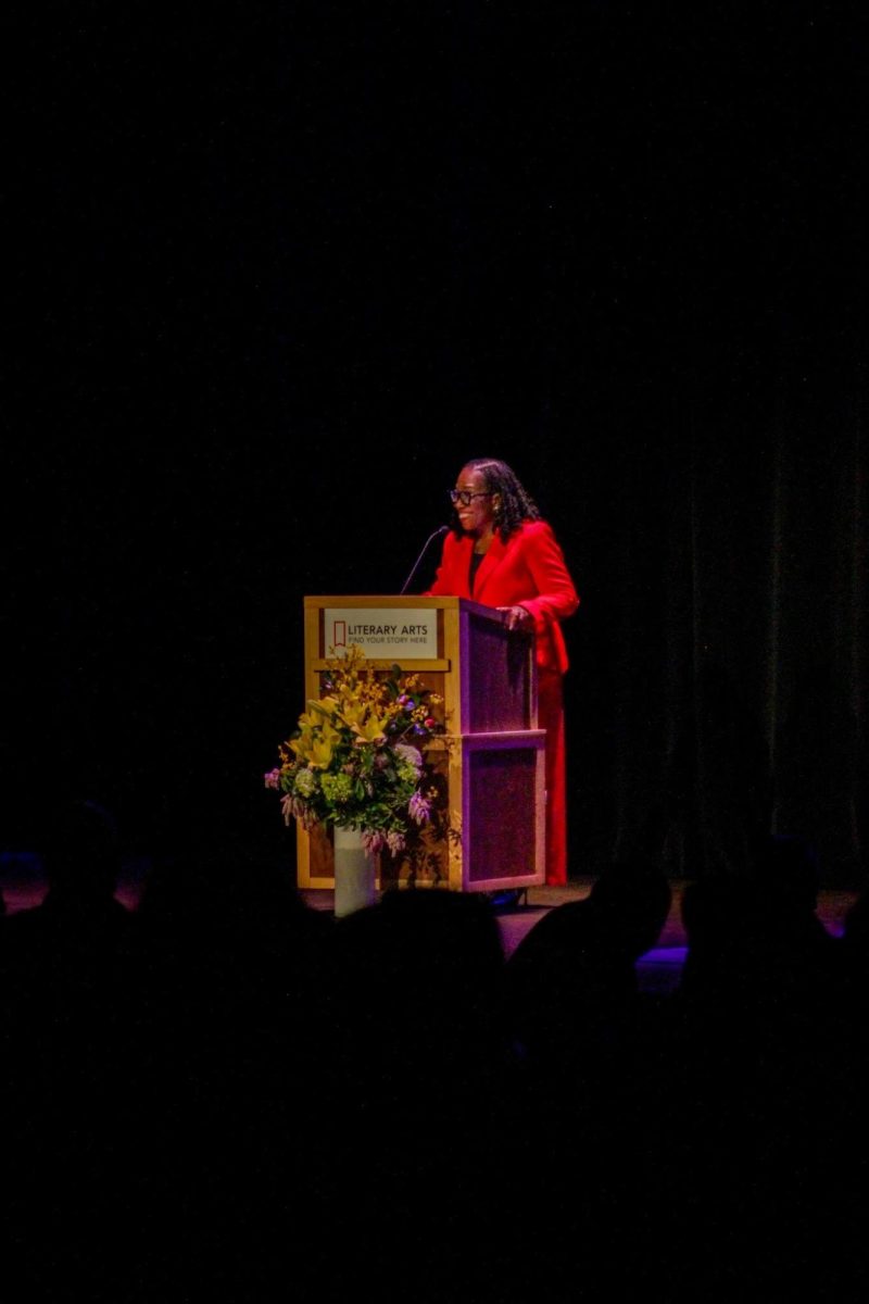 United States Supreme Court Justice Ketanji Brown Jackson reading from her book “Lovely One.” Jackson visited Portland on March 12, speaking with Portland author Renée Watson about the Justice’s 2024 memoir. Photo by Jake Lubin
