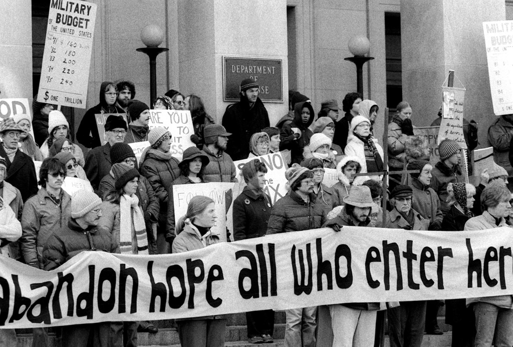 Anti-war demonstrators outside of the Pentagon. Attitudes towards war have shifted greatly in the United States as new methods of propaganda surface attempting to normalize militarization. Photo via the U.S. National Archives and Defense Visual Information Distribution Service.